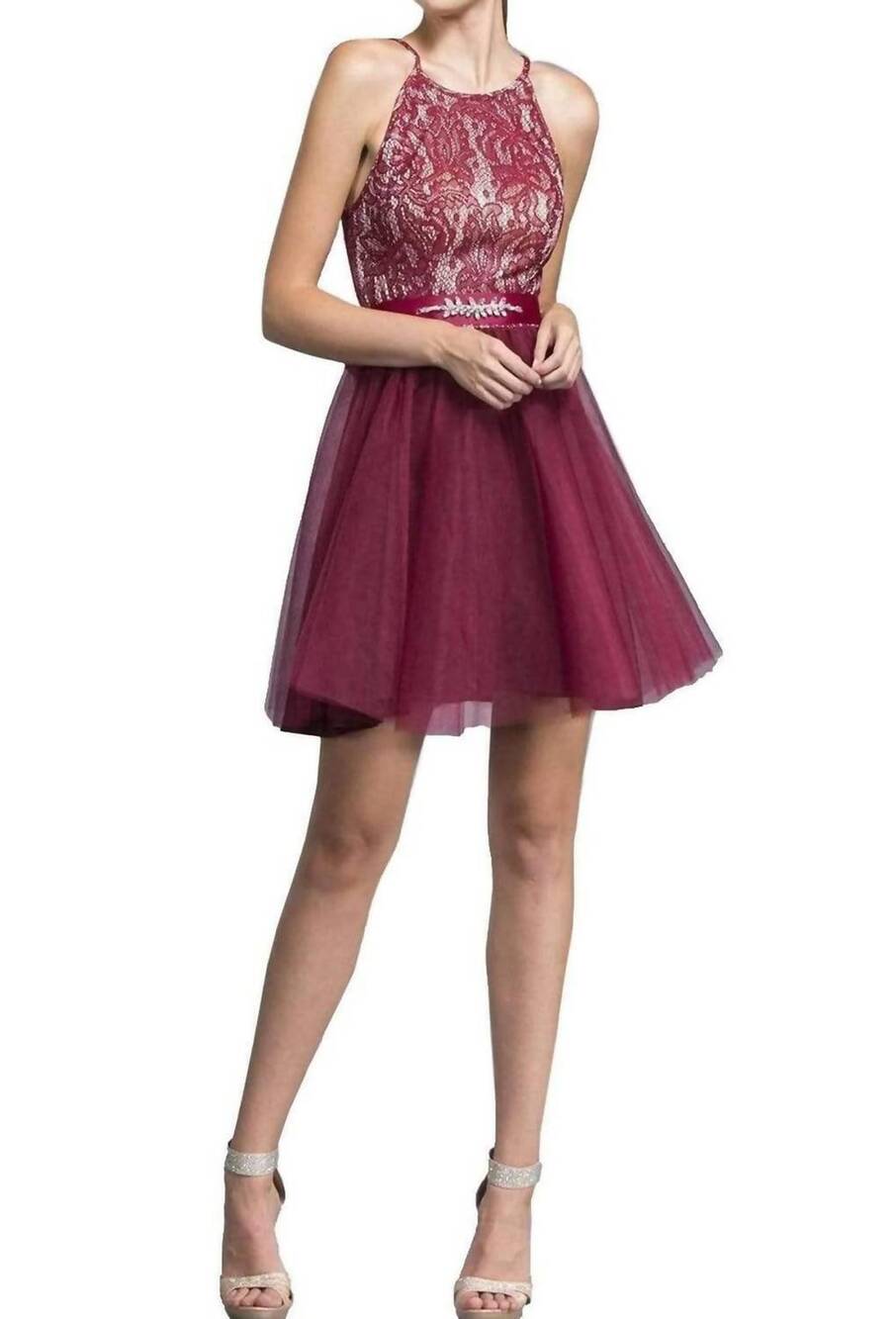 NEW ASPEED DESIGN short halter lace bodice dress in burgundy
